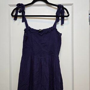 Lulu's Looking Up Navy Blue Smocked Tie-Strap Midi Dress